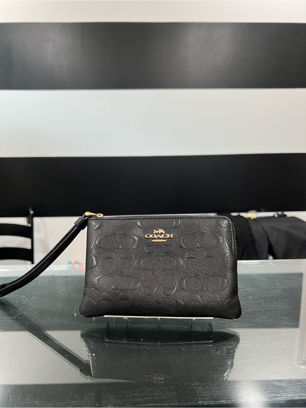 Coach Black Embossed Leather Clutch Wristlet with Gold Logo